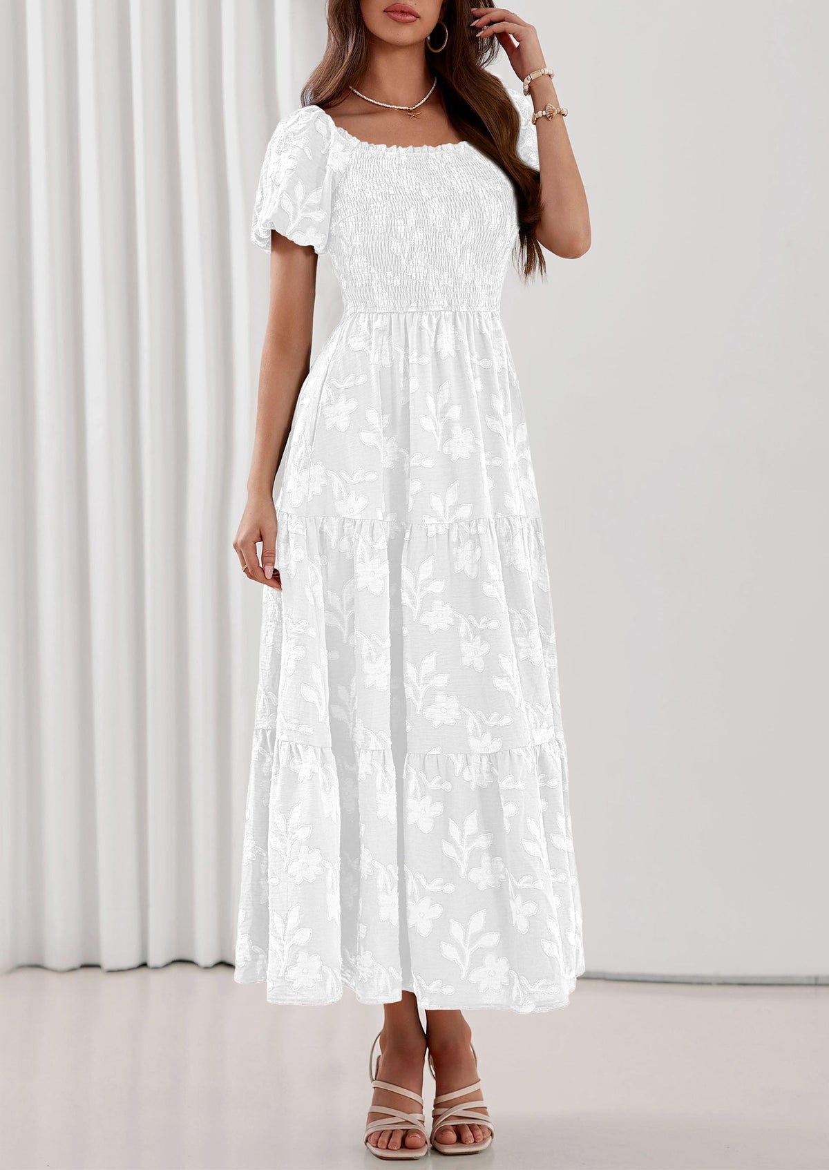 PRETTYGARDEN Women's 2026 Summer Boho Maxi Dresses Floral Short Sleeve Square Neck Smocked Flowy Long Dress Vacation Outfits PRETTYGARDEN