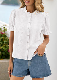 PRETTYGARDEN Womens Puff Short Sleeve Tops 2026 Summer Spring Button Down Boho Embroidered Cute Blouse Dressy Casual Shirts PRETTYGARDEN