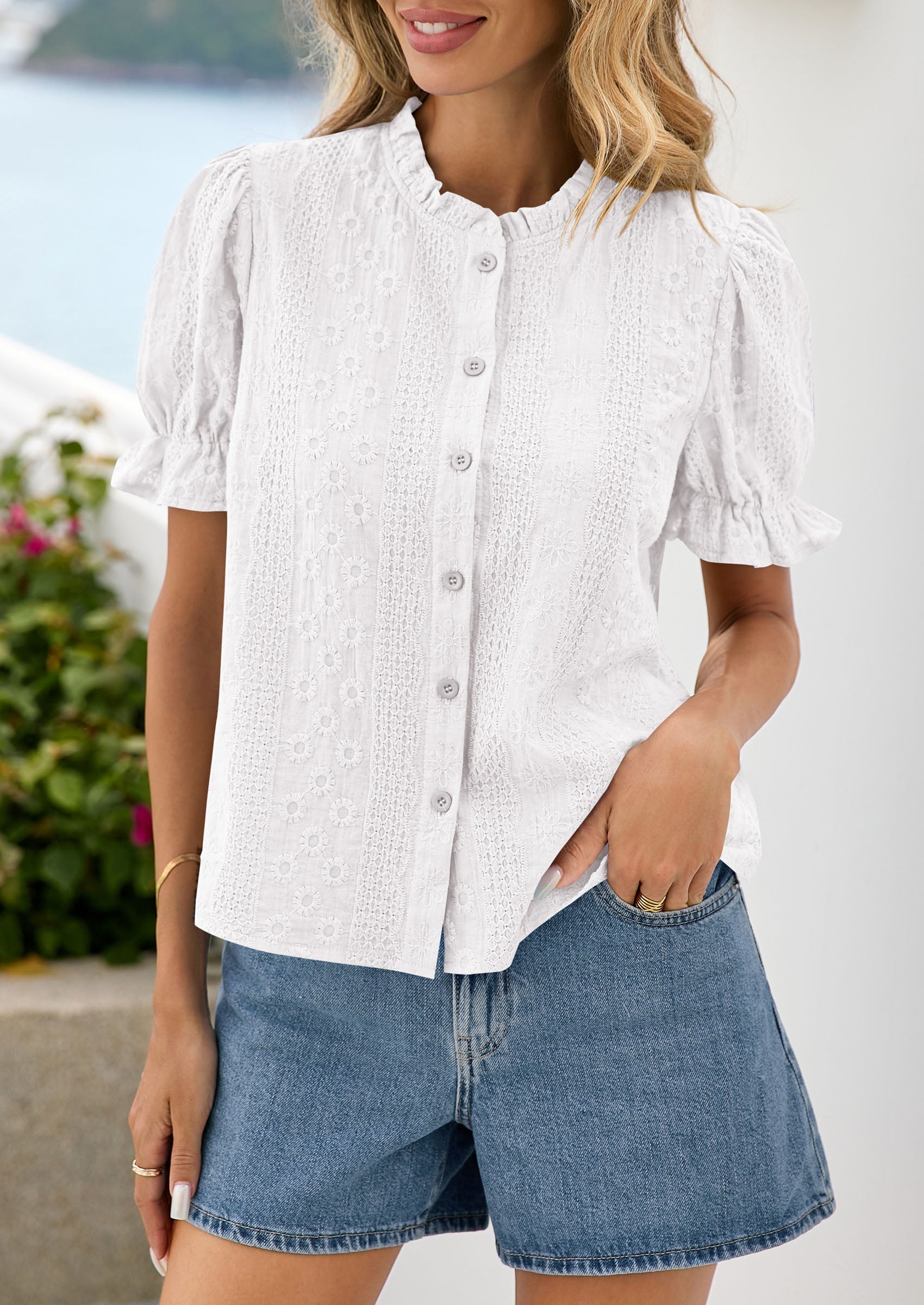 PRETTYGARDEN Womens Puff Short Sleeve Tops 2026 Summer Spring Button Down Boho Embroidered Cute Blouse Dressy Casual Shirts PRETTYGARDEN