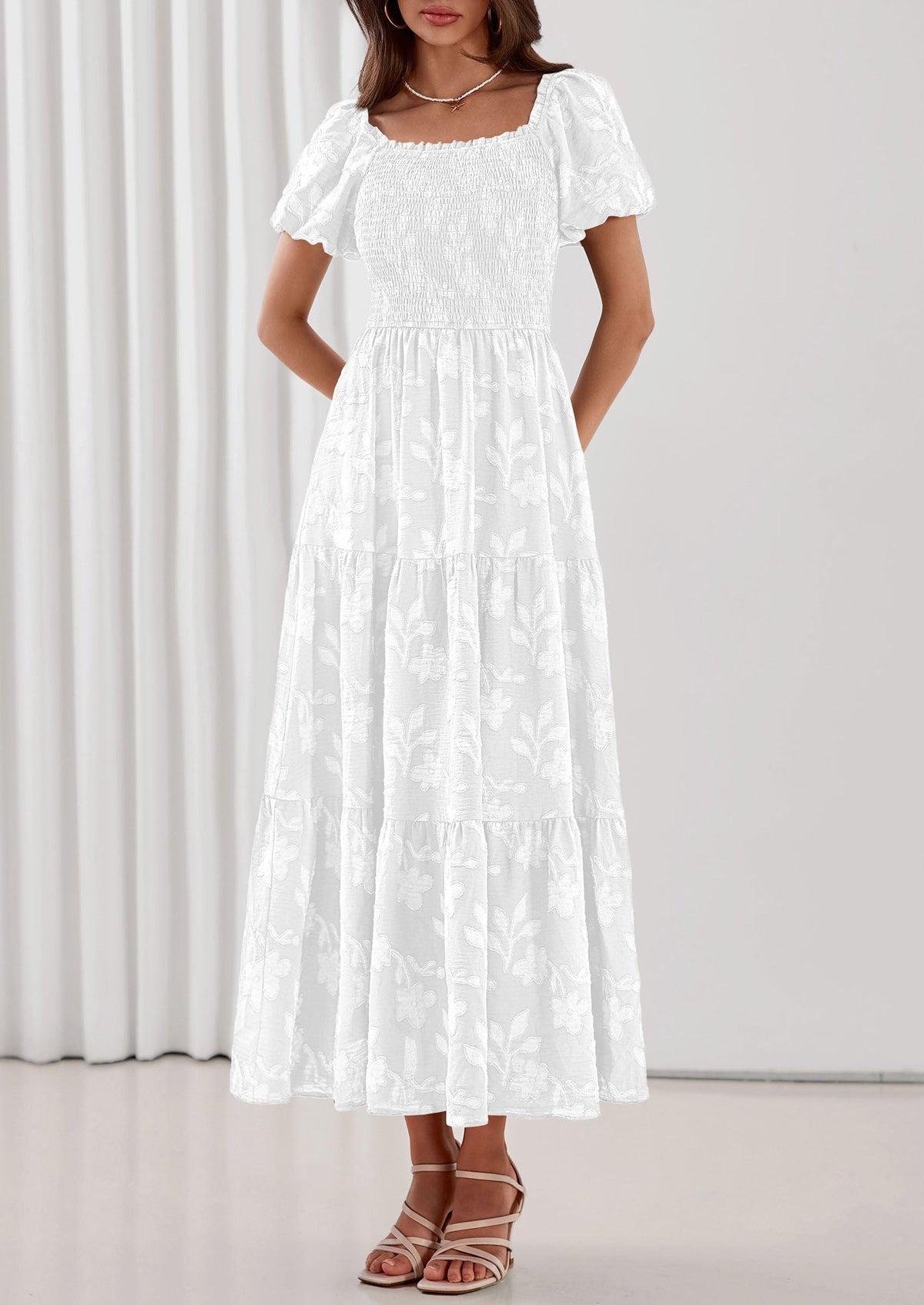 PRETTYGARDEN Women's 2026 Summer Boho Maxi Dresses Floral Short Sleeve Square Neck Smocked Flowy Long Dress Vacation Outfits PRETTYGARDEN