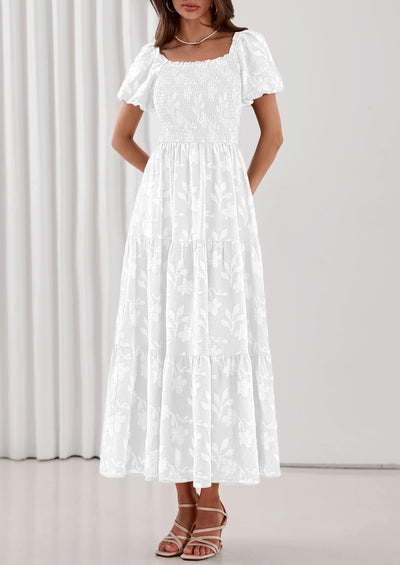 PRETTYGARDEN Women's 2026 Summer Boho Maxi Dresses Floral Short Sleeve Square Neck Smocked Flowy Long Dress Vacation Outfits PRETTYGARDEN