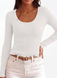 PRETTYGARDEN Women's Fall Lightweight Ribbed Knit Sweaters | Stretchy Cozy Knitwear,Scalloped Scoop Neck,Long Sleeve Shirts,Slim Fitted Pullover,Basic Layering Tops,Cute Casual Outfits
