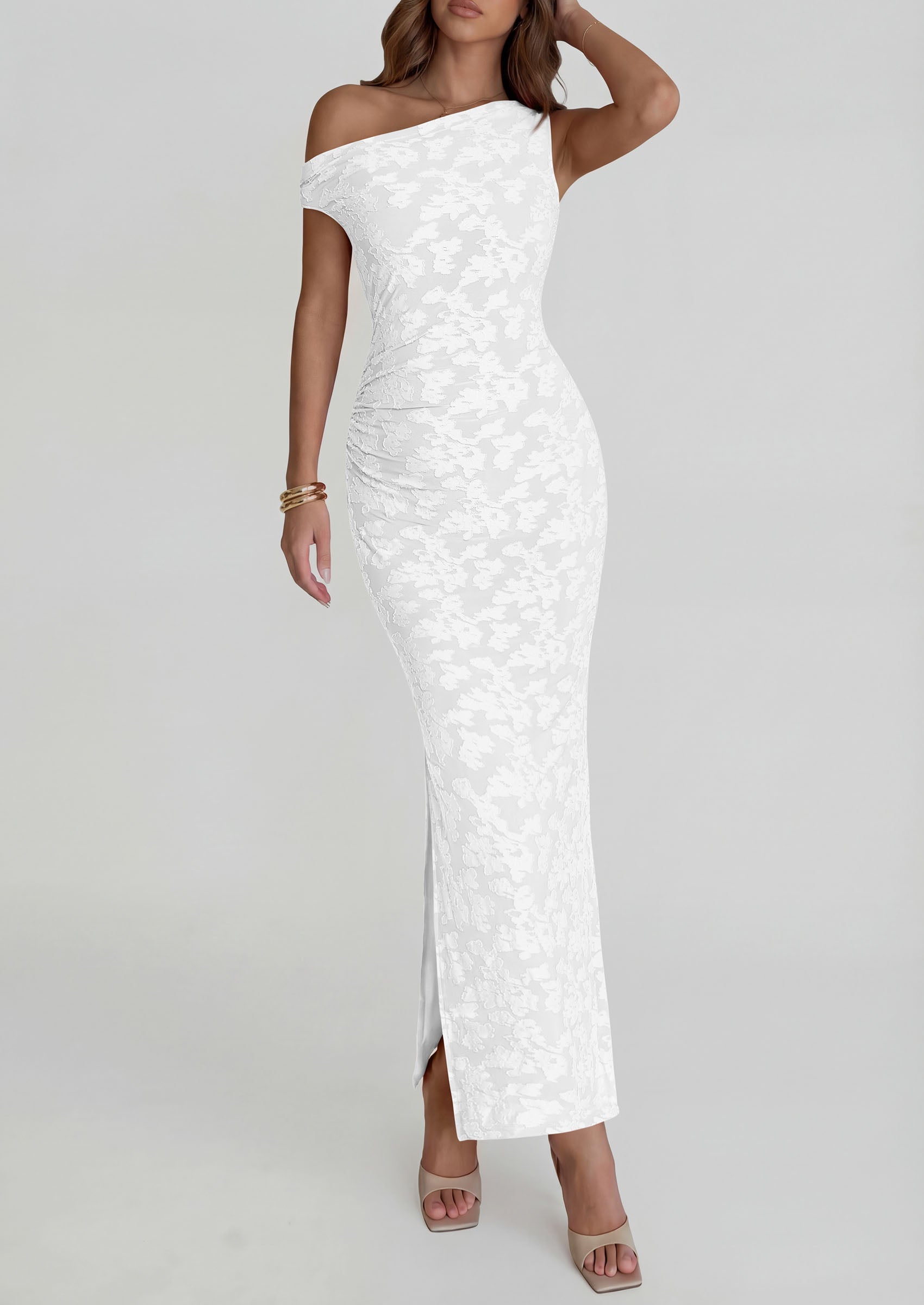 PRETTYGARDEN Womens Floral One Shoulder Maxi Dress 2026 Summer Spring Bodycon Ruched Side Slit Elegant Cocktail Party Dresses PRETTYGARDEN