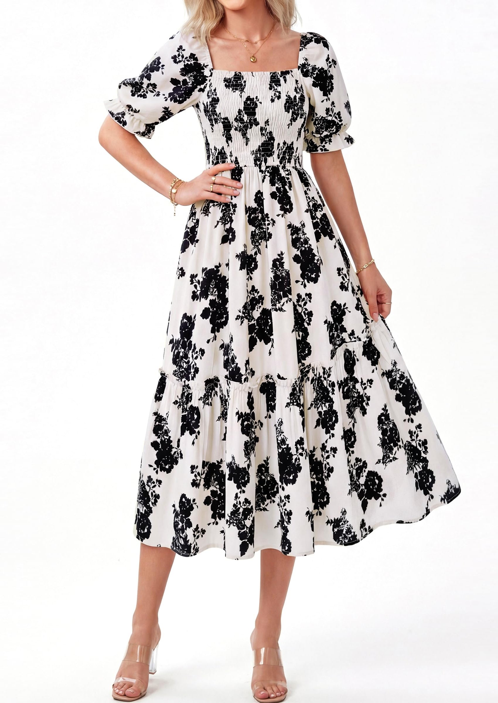 PRETTYGARDEN Women's Summer Casual Dresses Spring Puff Sleeve Square Neck A Line Flowy Boho Floral Smocked Midi Dress