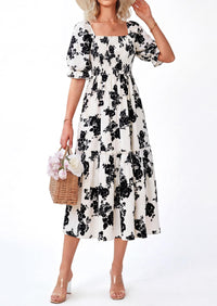 PRETTYGARDEN Women's Summer Casual Dresses Spring Puff Sleeve Square Neck A Line Flowy Boho Floral Smocked Midi Dress