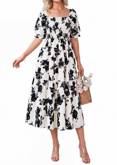 PRETTYGARDEN Women's Summer Casual Dresses Spring Puff Sleeve Square Neck A Line Flowy Boho Floral Smocked Midi Dress