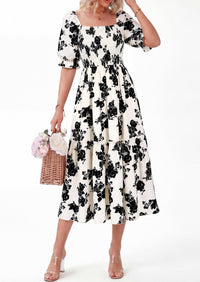 PRETTYGARDEN Women's Summer Casual Dresses Spring Puff Sleeve Square Neck A Line Flowy Boho Floral Smocked Midi Dress