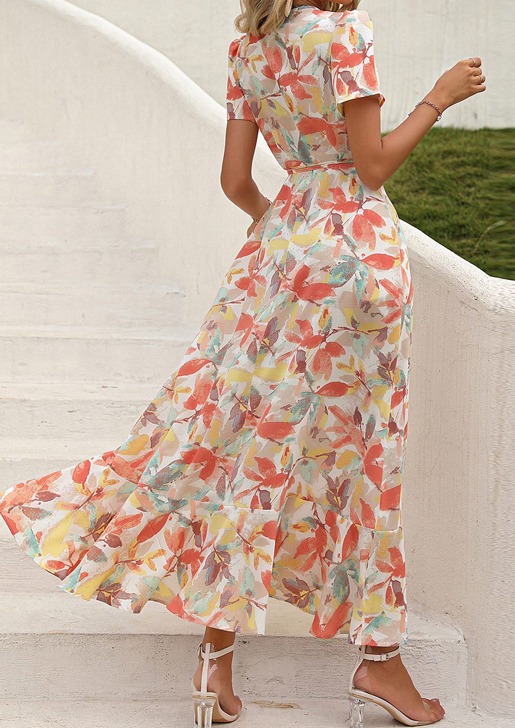 PRETTYGARDEN Women's Summer Maxi Dress Casual Wrap Floral Boho Short Sleeve V Neck Split Ruffle Beach Long Dresses