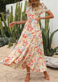 PRETTYGARDEN Women's Summer Maxi Dress Casual Wrap Floral Boho Short Sleeve V Neck Split Ruffle Beach Long Dresses