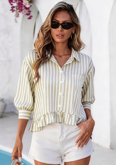PRETTYGARDEN Collared V Neck 3/4 Length Sleeve Womens Tops Casual Striped Ruffle Button Down Shirts for Women Trendy Blouses PRETTYGARDEN