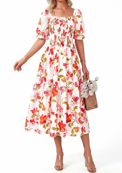 PRETTYGARDEN Women's Summer Casual Dresses Spring Puff Sleeve Square Neck A Line Flowy Boho Floral Smocked Midi Dress