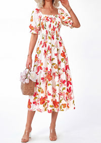 PRETTYGARDEN Women's Summer Casual Dresses Spring Puff Sleeve Square Neck A Line Flowy Boho Floral Smocked Midi Dress