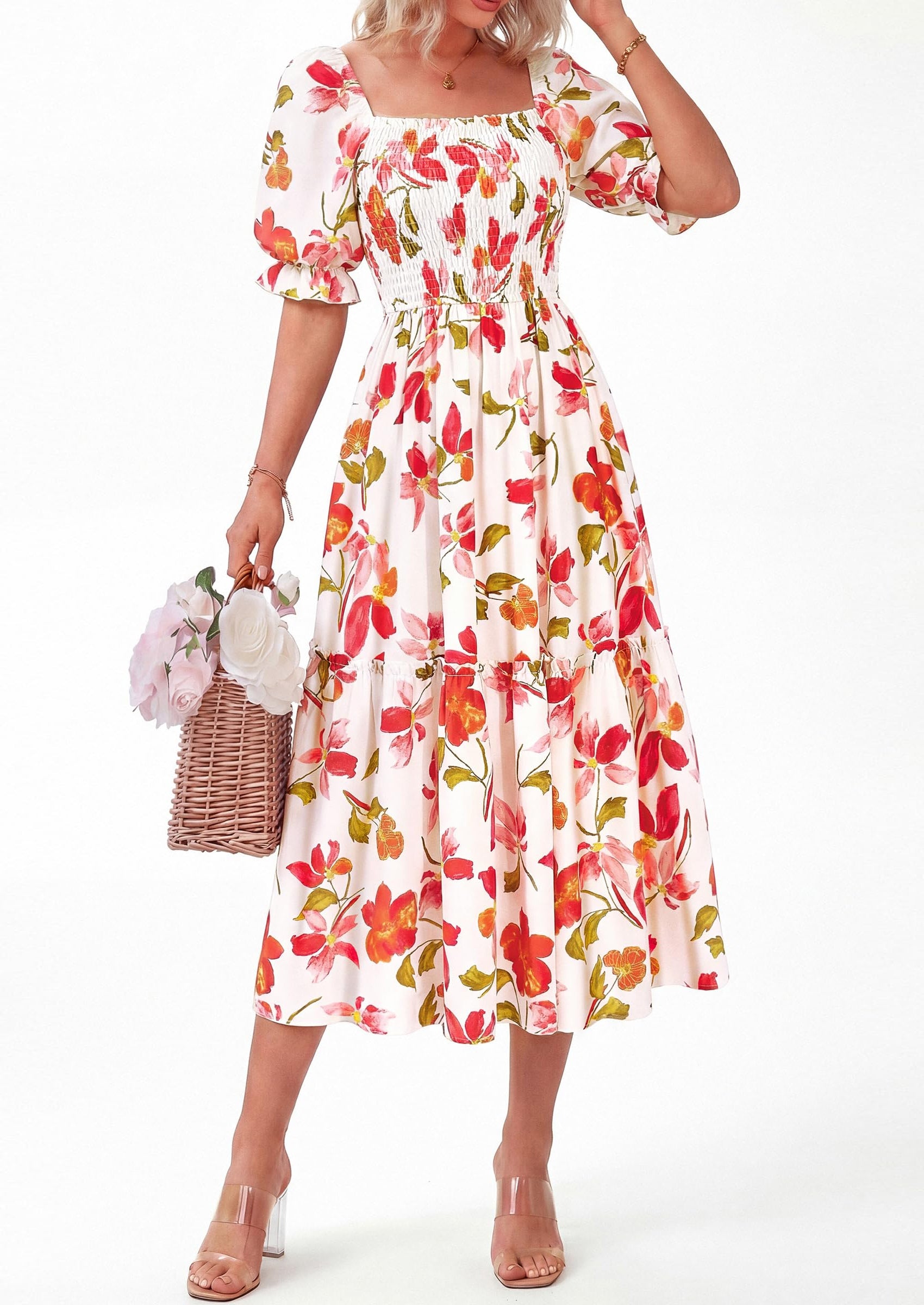 PRETTYGARDEN Women's Summer Casual Dresses Spring Puff Sleeve Square Neck A Line Flowy Boho Floral Smocked Midi Dress