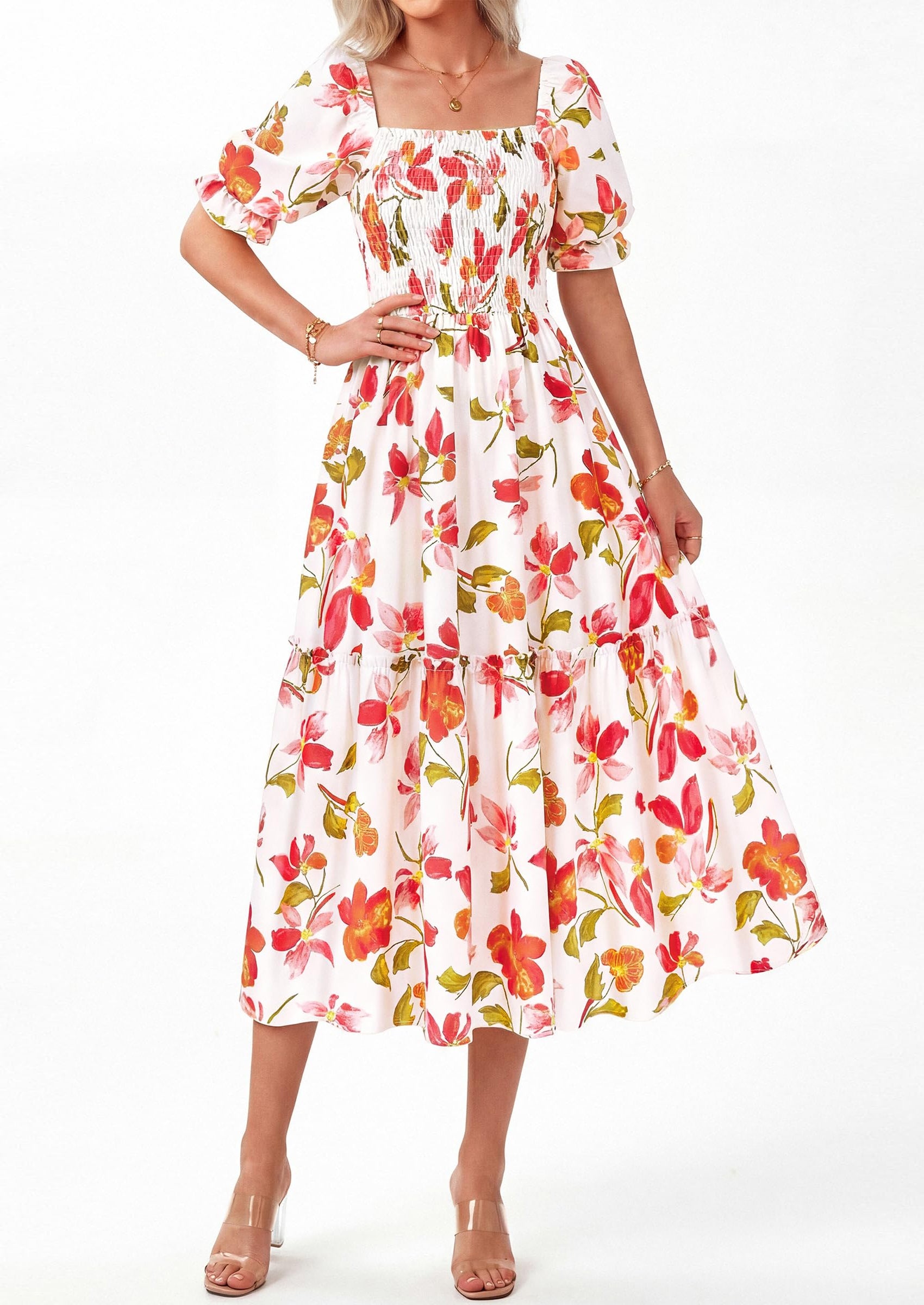 PRETTYGARDEN Women's Summer Casual Dresses Spring Puff Sleeve Square Neck A Line Flowy Boho Floral Smocked Midi Dress
