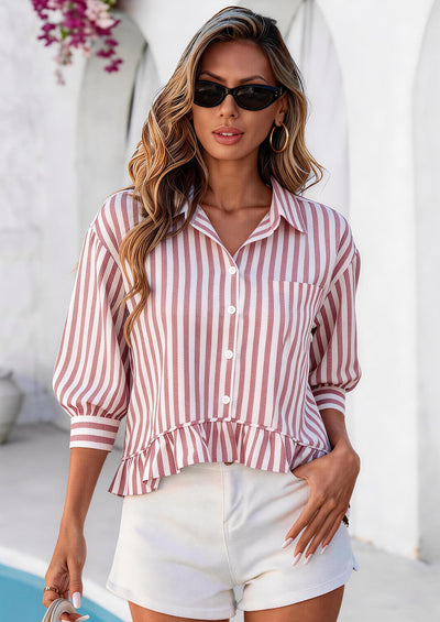 PRETTYGARDEN Collared V Neck 3/4 Length Sleeve Womens Tops Casual Striped Ruffle Button Down Shirts for Women Trendy Blouses PRETTYGARDEN