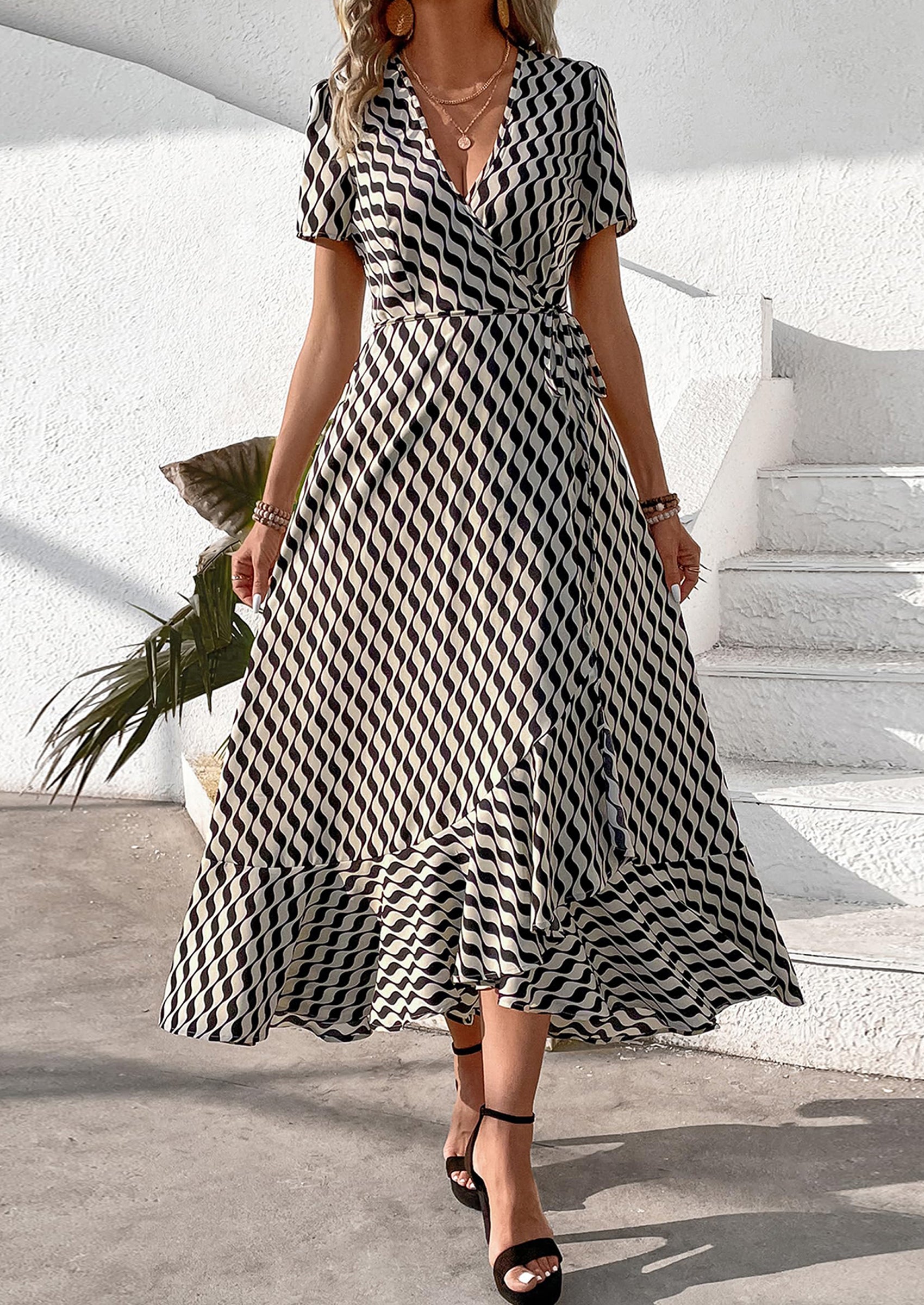 PRETTYGARDEN Women's Summer Maxi Dress Casual Wrap Floral Boho Short Sleeve V Neck Split Ruffle Beach Long Dresses