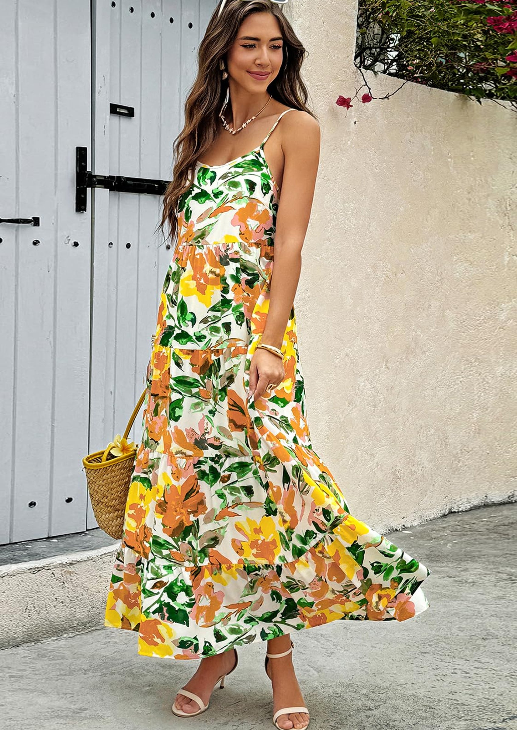 PRETTYGARDEN Women Summer Dresses Spaghetti Strap Scoop Neck Floral Maxi Dress Flowy Boho Long Sundress with Pockets