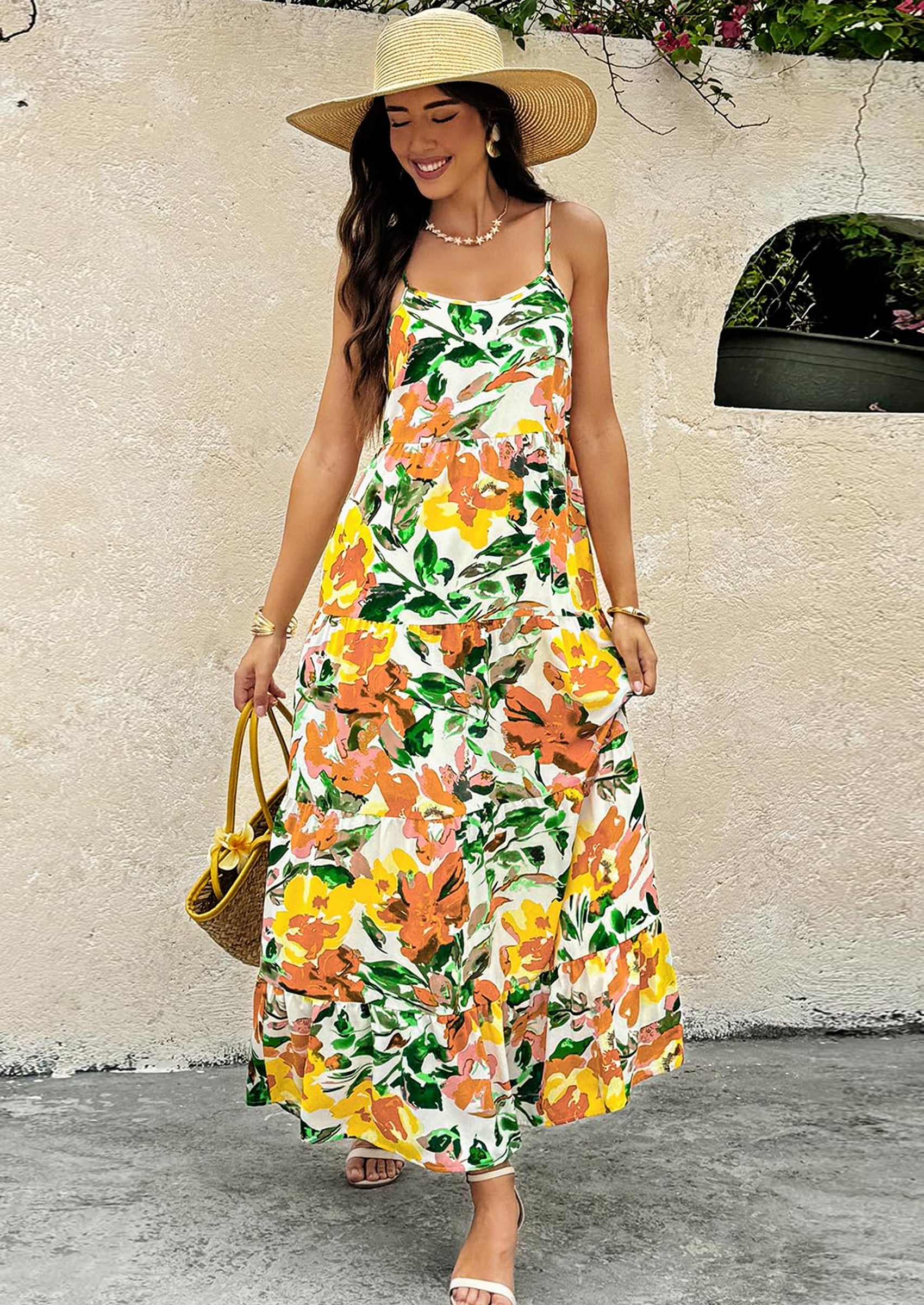 PRETTYGARDEN Women Summer Dresses Spaghetti Strap Scoop Neck Floral Maxi Dress Flowy Boho Long Sundress with Pockets