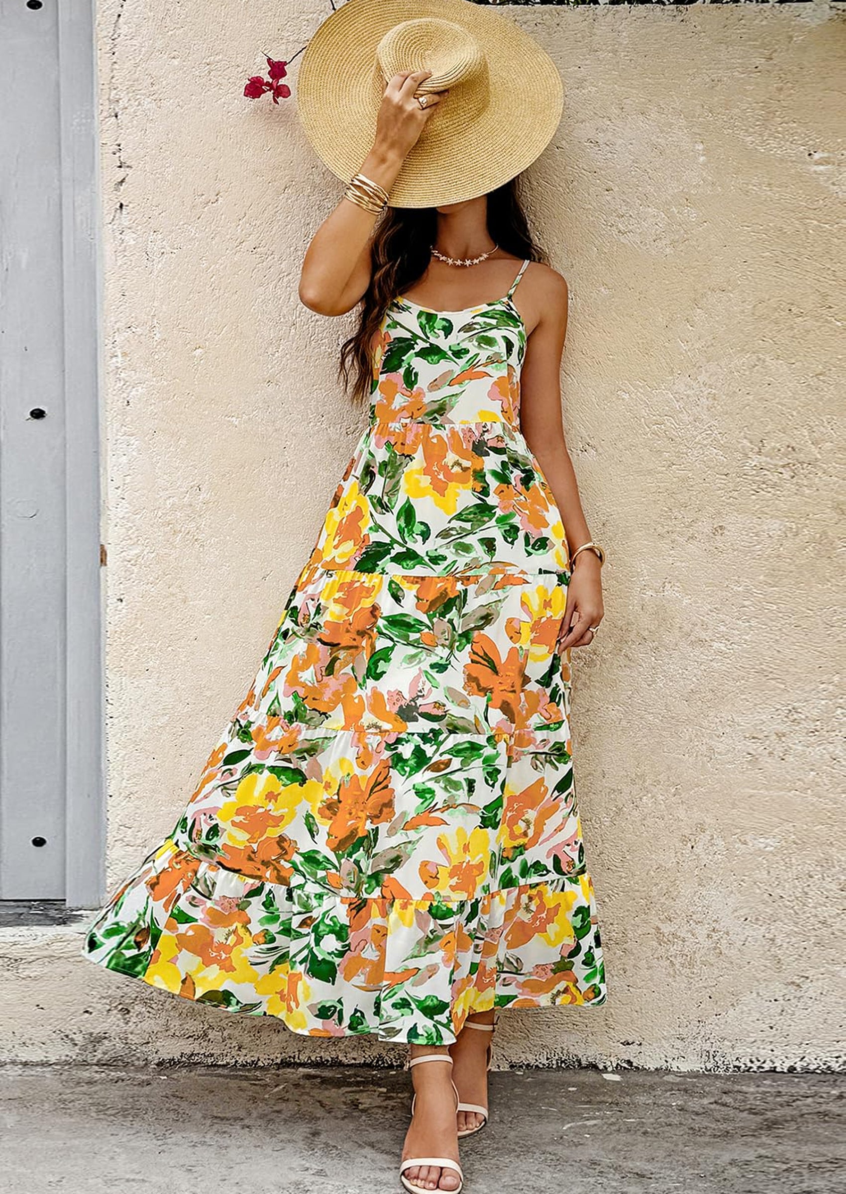 PRETTYGARDEN Women Summer Dresses Spaghetti Strap Scoop Neck Floral Maxi Dress Flowy Boho Long Sundress with Pockets