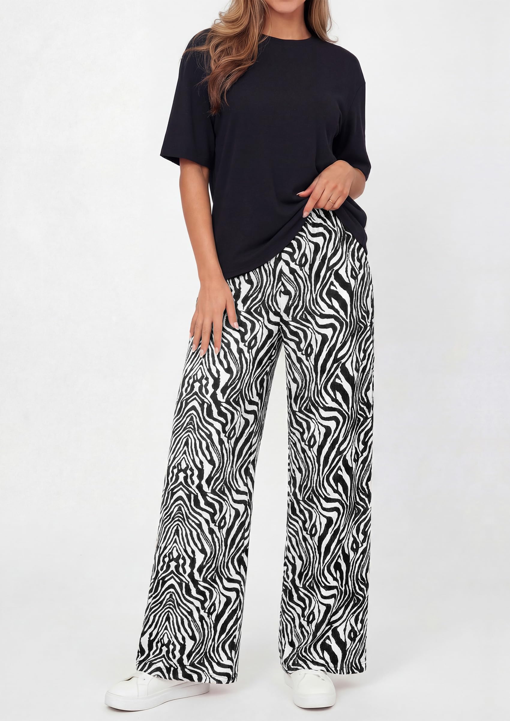 PRETTYGARDEN Women's 2 Piece Lounge Sets Summer Casual Short Sleeve Tops Leopard Flowy Pants Pajamas Vacation Travel Outfits - PRETTYGARDEN