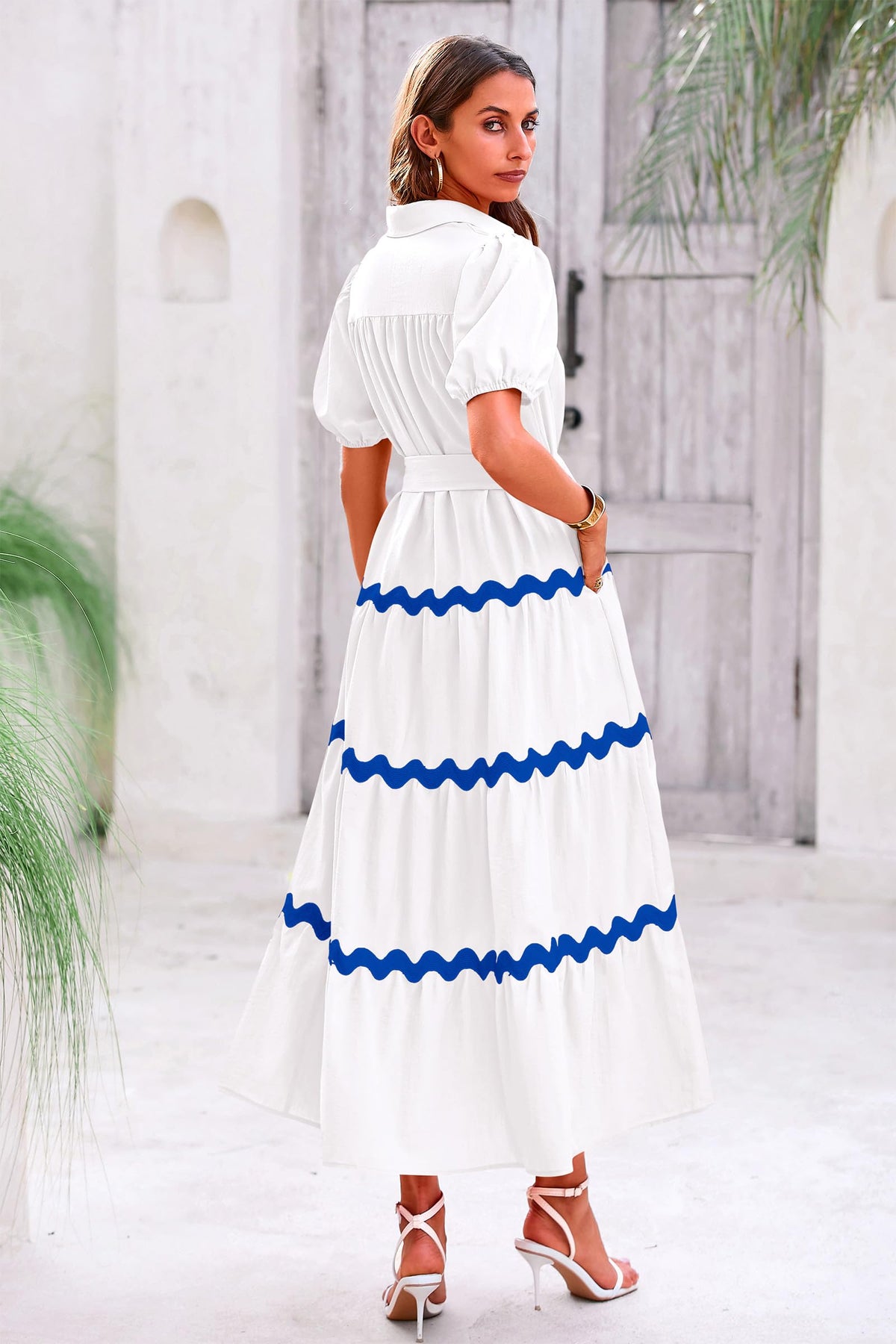 Summer Maxi Button Down Puff Short Sleeve Ruffle Long Flowy Shirt Dresses With Belt