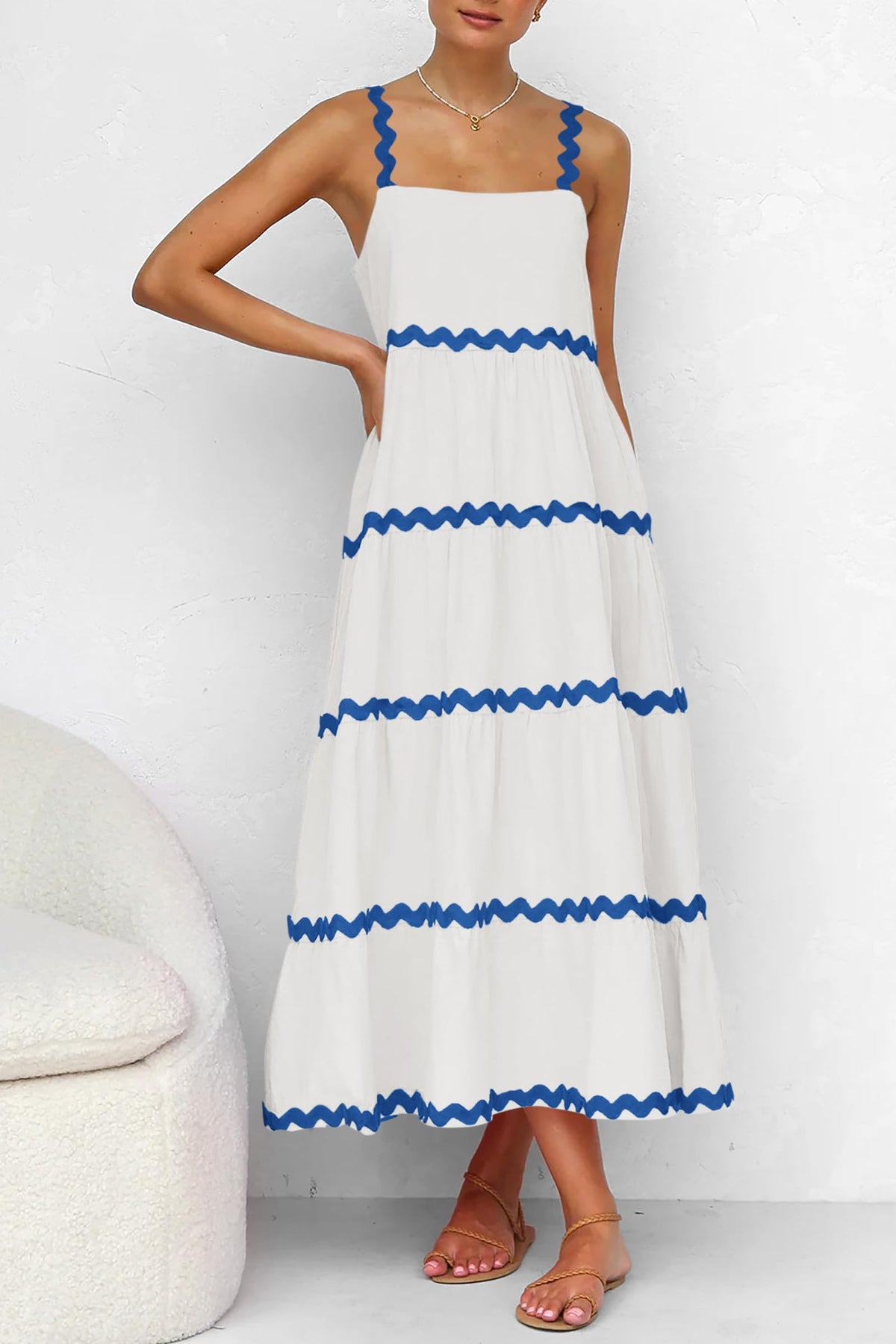 Summer Maxi Sundress Spaghetti Strap Rickrack Ruffle Flowy Boho Casual Beach Vacation Long Dresses