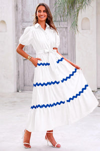 Summer Maxi Button Down Puff Short Sleeve Ruffle Long Flowy Shirt Dresses With Belt