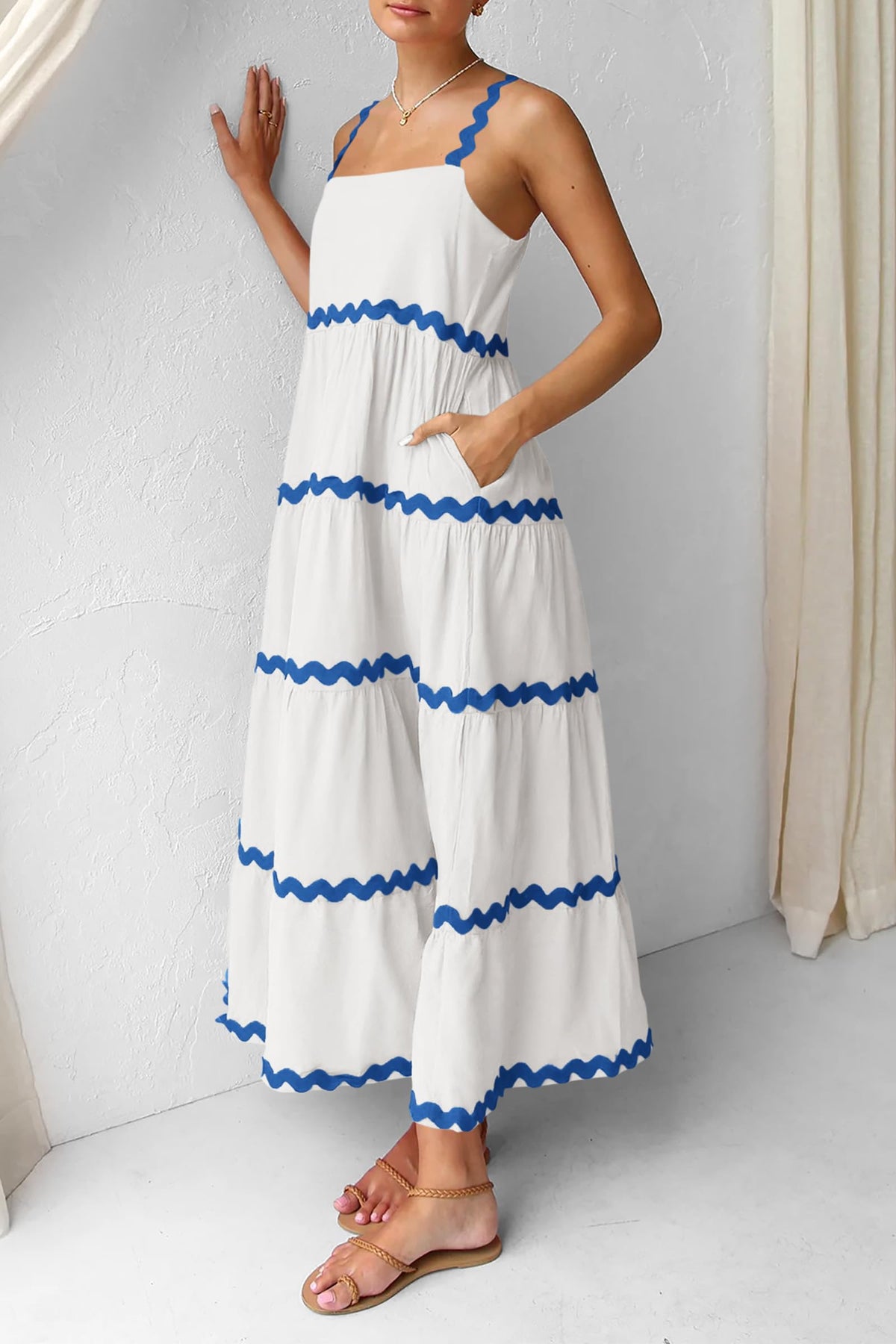 Summer Maxi Sundress Spaghetti Strap Rickrack Ruffle Flowy Boho Casual Beach Vacation Long Dresses