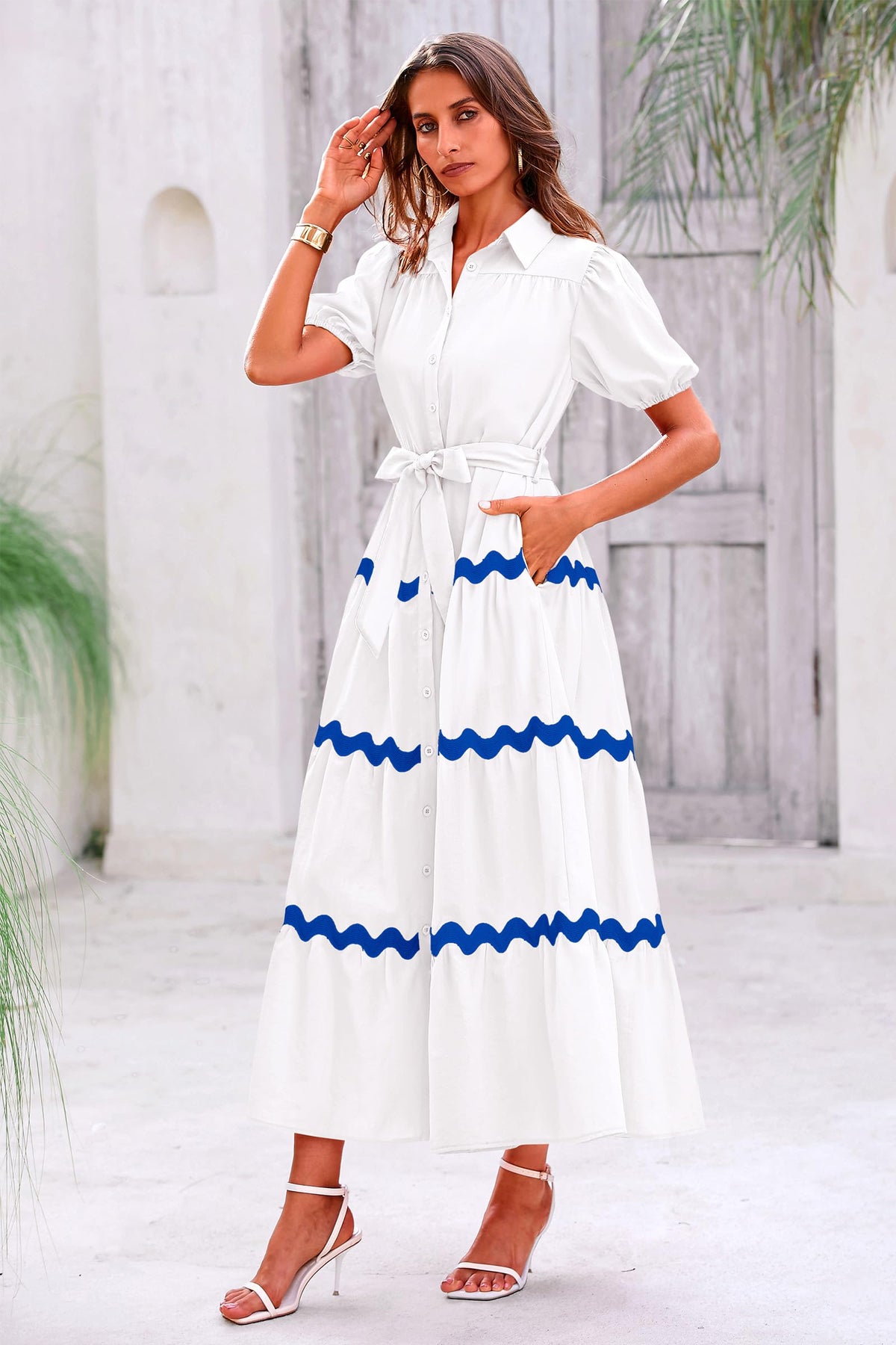 Summer Maxi Button Down Puff Short Sleeve Ruffle Long Flowy Shirt Dresses With Belt