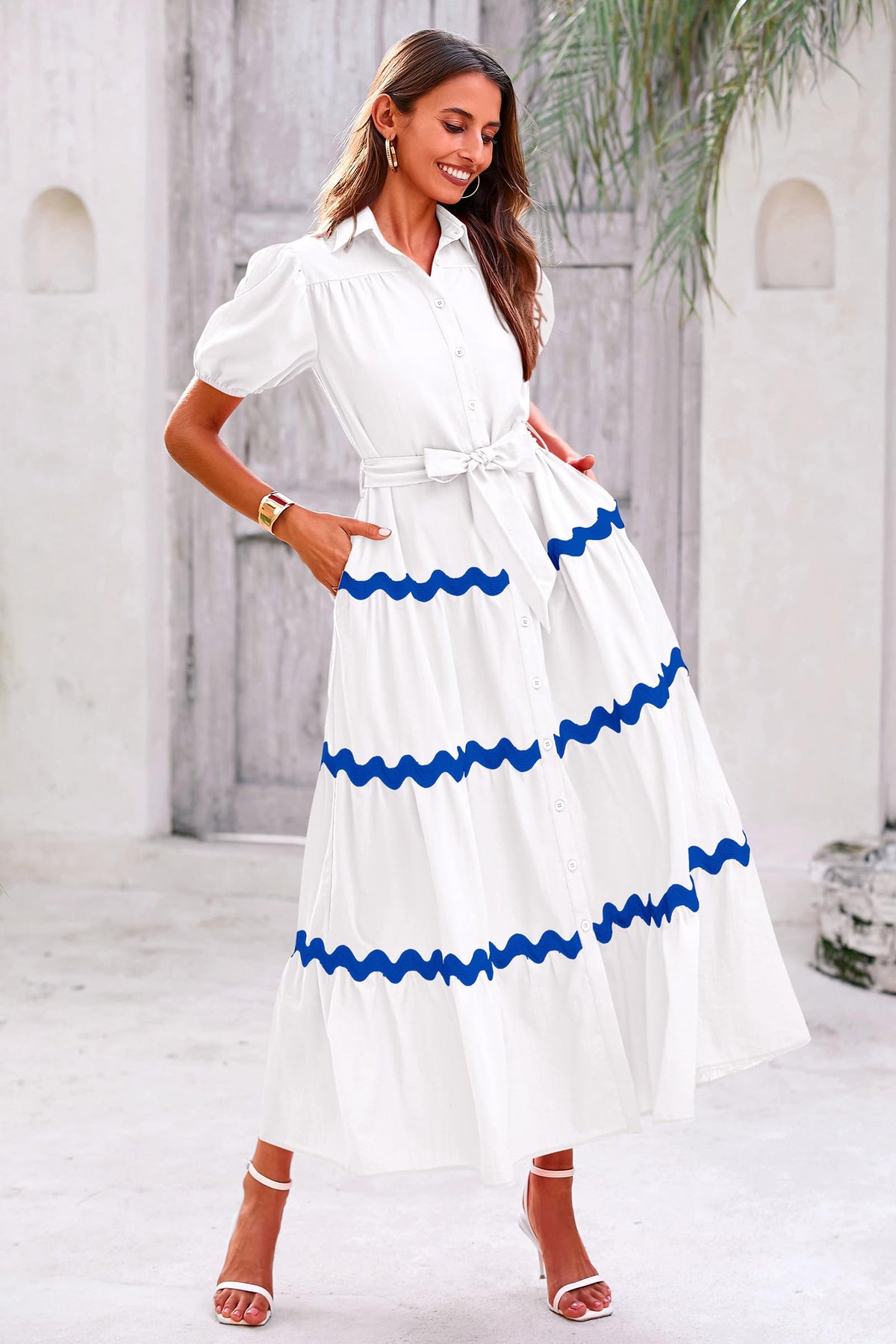 Summer Maxi Button Down Puff Short Sleeve Ruffle Long Flowy Shirt Dresses With Belt