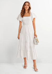 PRETTYGARDEN Women's Summer Casual Midi Dress Puffy Short Sleeve Square Neck Smocked Tiered Ruffle Dresses