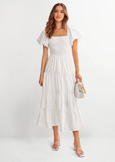 PRETTYGARDEN Women's Summer Casual Midi Dress Puffy Short Sleeve Square Neck Smocked Tiered Ruffle Dresses