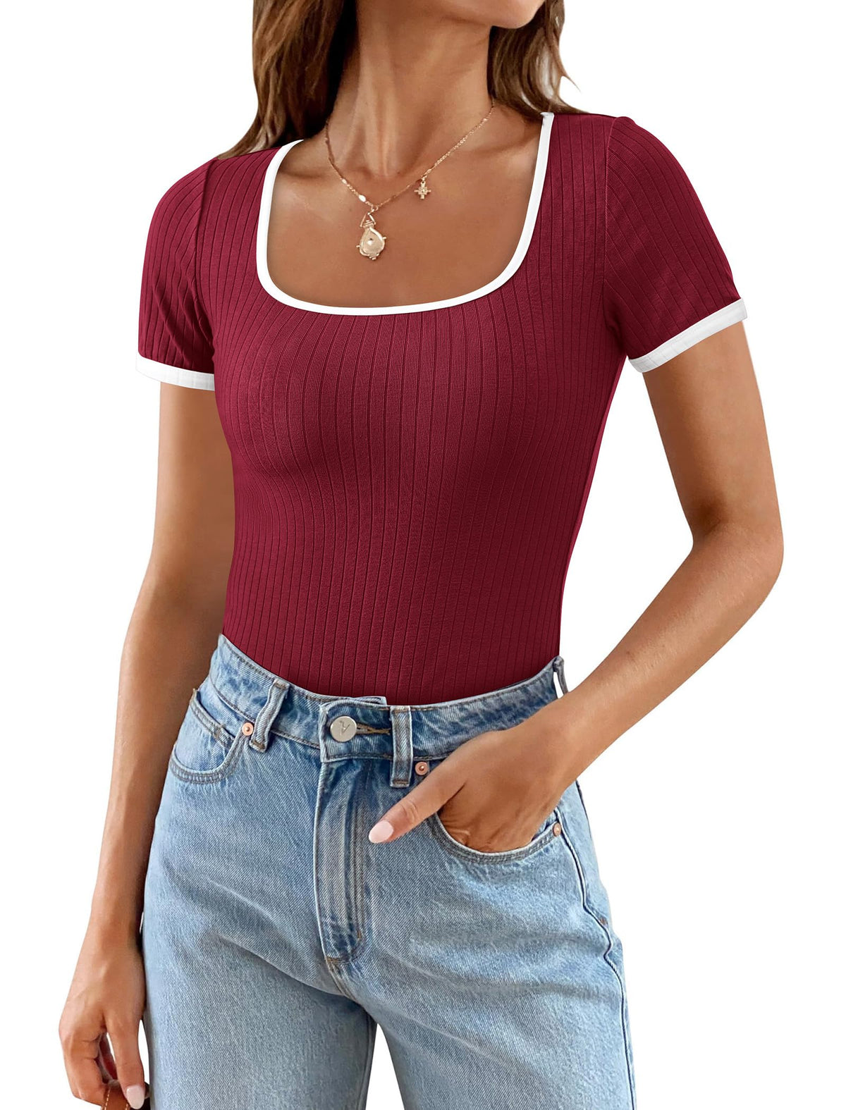 Summer Casual Short Sleeve Ribbed Knit Square Neck Color Block Slim Fit Basic Crop Tops