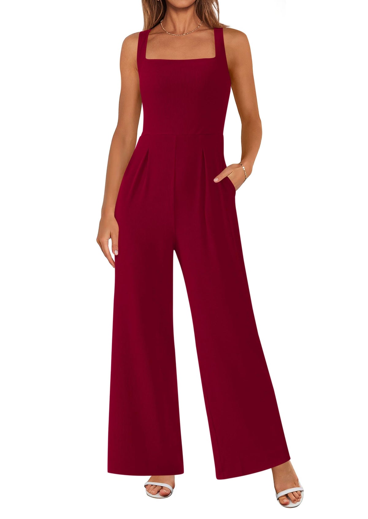 Summer Sleeveless Jumpsuits for Women Dressy Square Neck Wide Leg Pants Knitted One Piece Rompers with Pockets