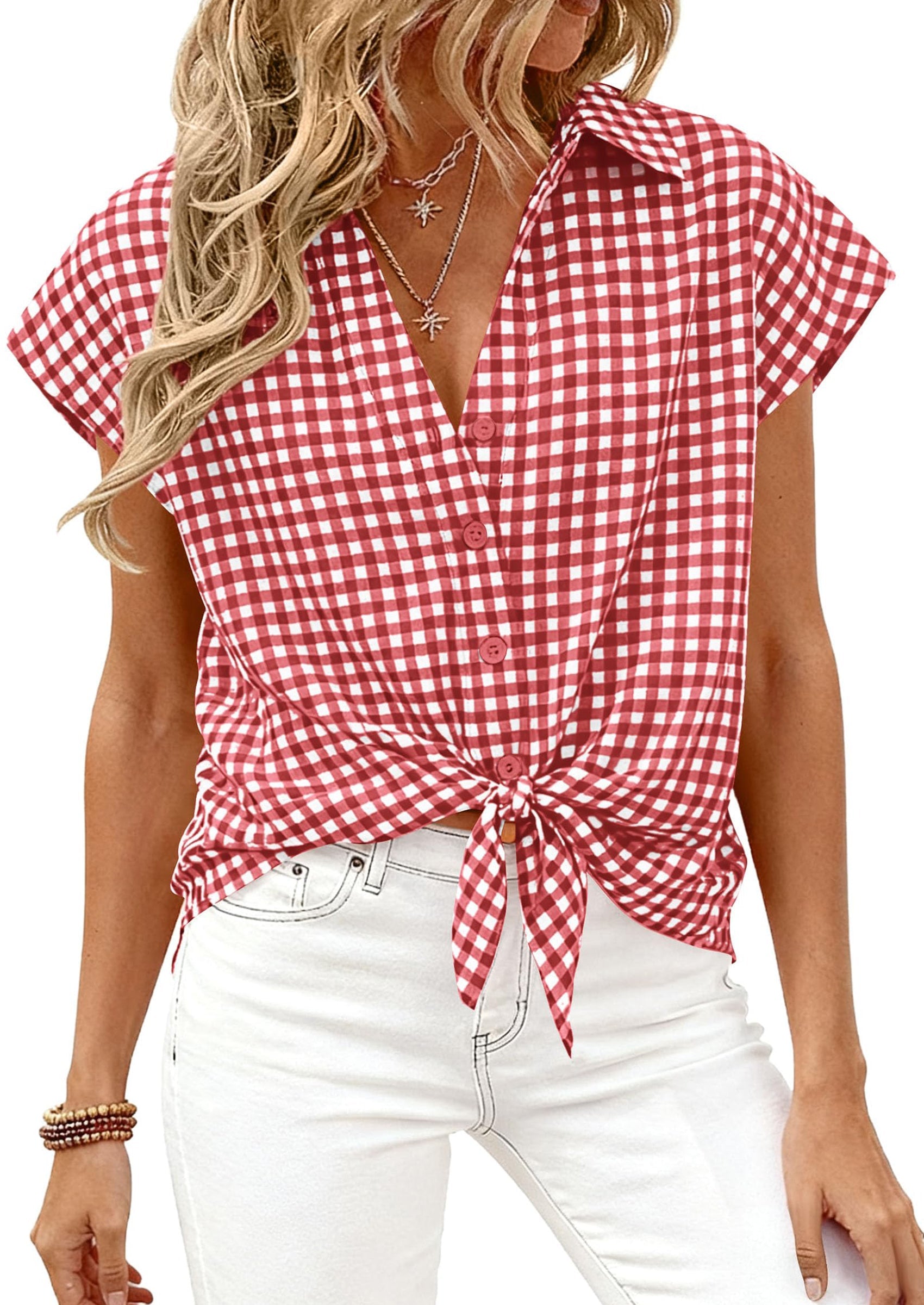 PRETTYGARDEN Womens Button Dwon Shirts V Neck Short Cap Sleeve Collared Plaid Tops Summer Spring Casual Blouses Clothes PRETTYGARDEN