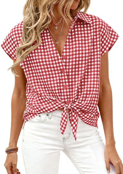 PRETTYGARDEN Womens Button Dwon Shirts V Neck Short Cap Sleeve Collared Plaid Tops Summer Spring Casual Blouses Clothes PRETTYGARDEN
