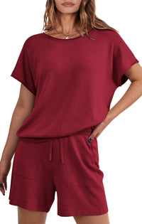 PRETTYGARDEN Two Piece Set for Women Summer Lounge Sets Shorts And Short Sleeve Tops Knitted Matching Travel Spring Outfits PRETTYGARDEN