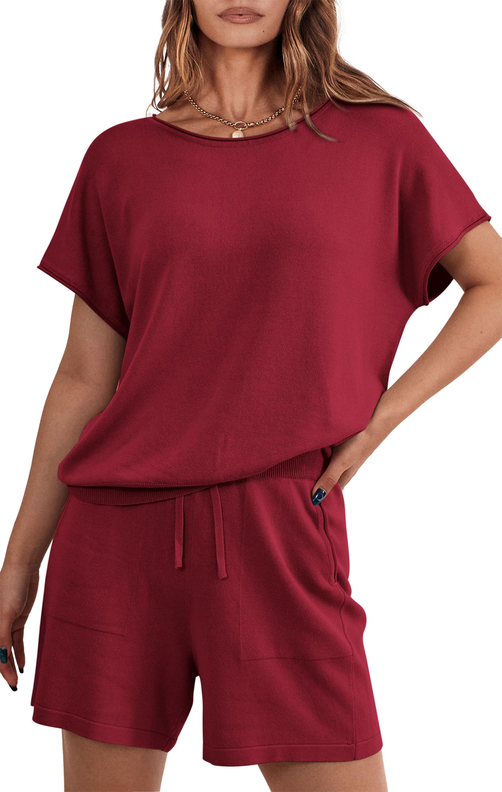 PRETTYGARDEN Two Piece Set for Women Summer Lounge Sets Shorts And Short Sleeve Tops Knitted Matching Travel Spring Outfits PRETTYGARDEN