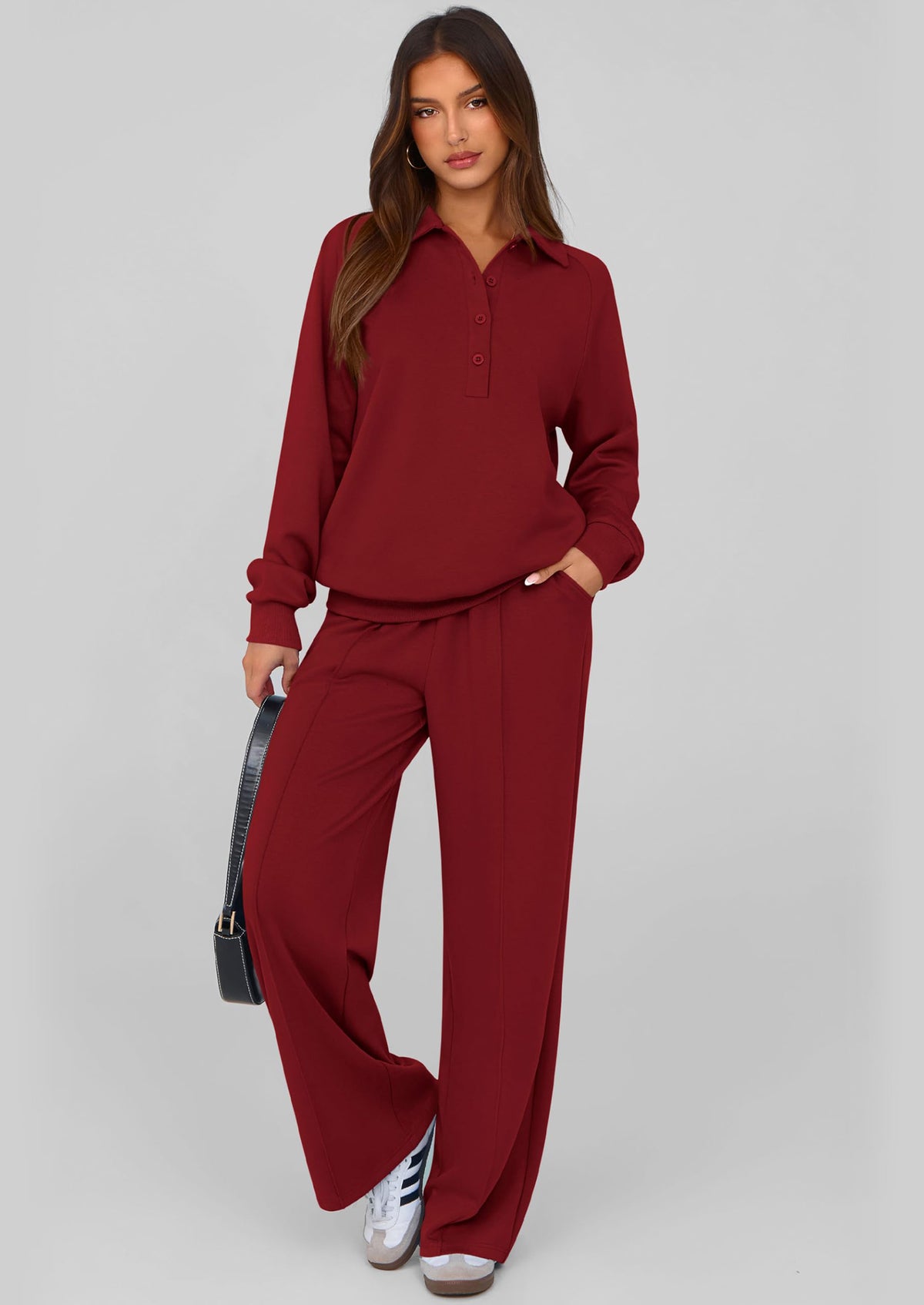 PRETTYGARDEN Women Fall 2 Piece Outfits Sweatsuits Quarter Button Long Sleeve Sweatshirt Wide Leg Pants Tracksuit Lounge Sets