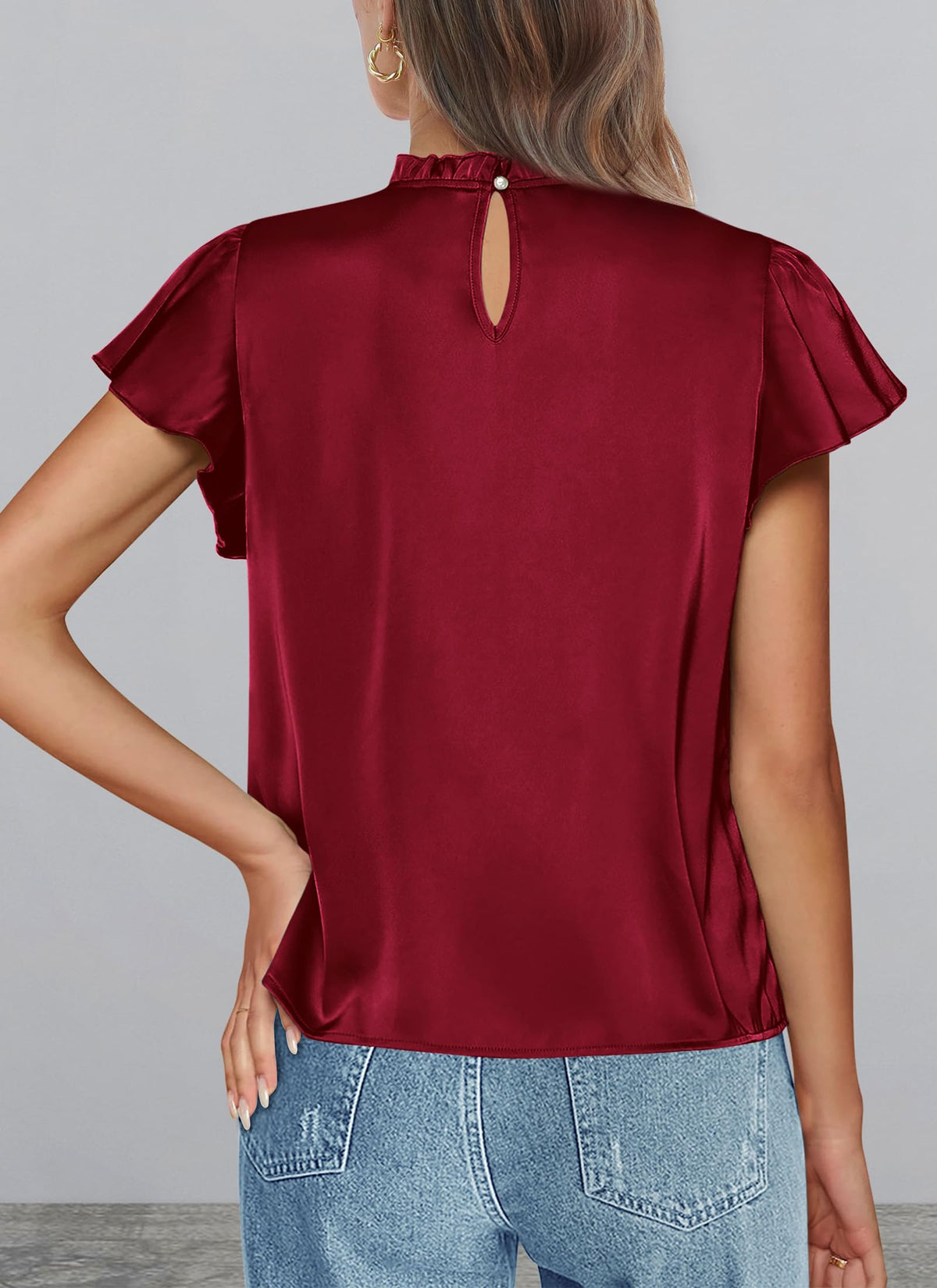 Summer Satin Blouse Shirt Dressy Casual Ruffle Short Sleeve Crewneck Work Party Tops