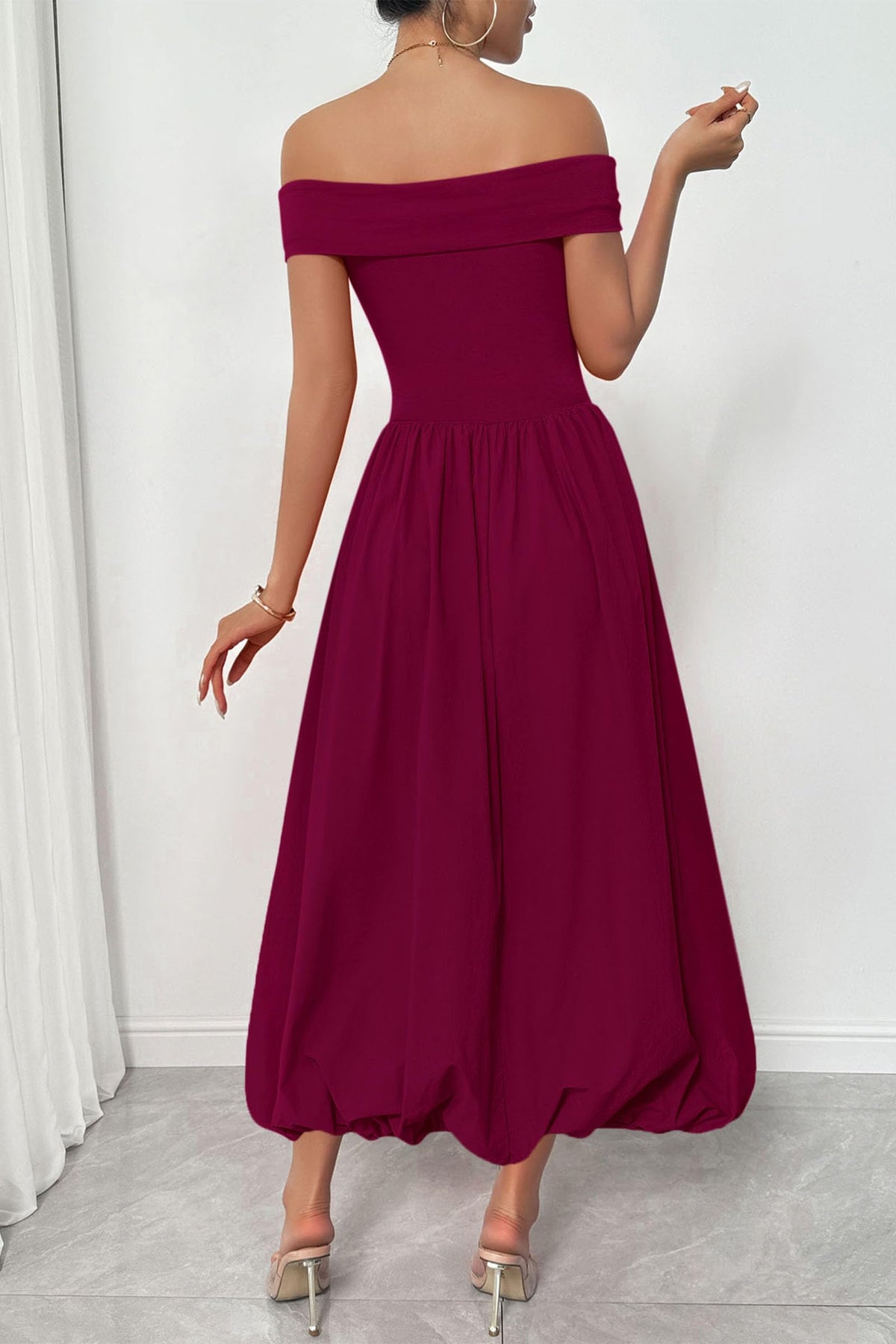 Womens Summer Off Shoulder Sleeveless Midi Dress Cocktail A Line Flowy Wedding Guest Dresses with Pockets