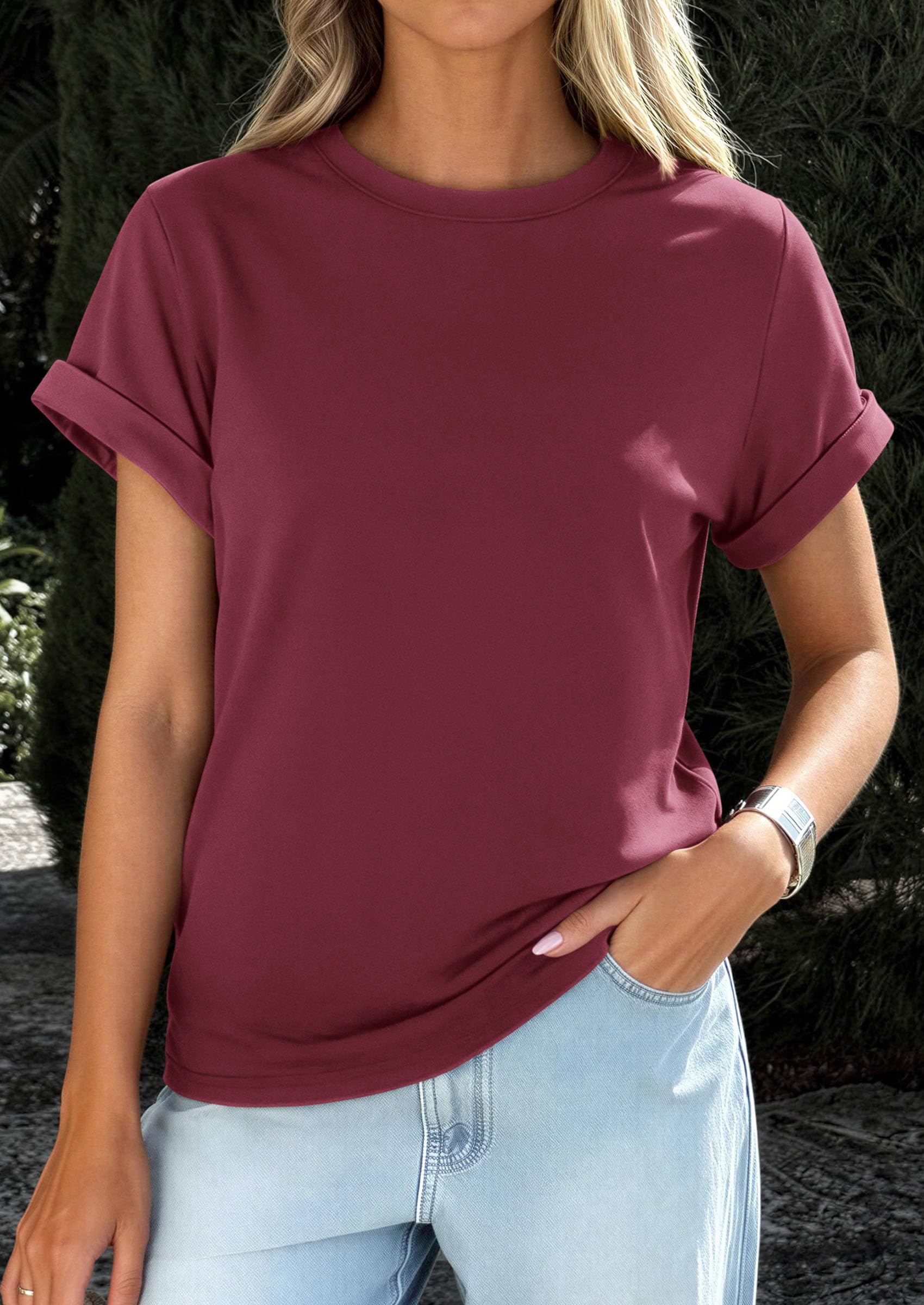 PRETTYGARDEN Womens Summer Tops Spring Casual Rolled Short Sleeve Basic Tees Crew Neck Work Shirts Fashion Clothing PRETTYGARDEN