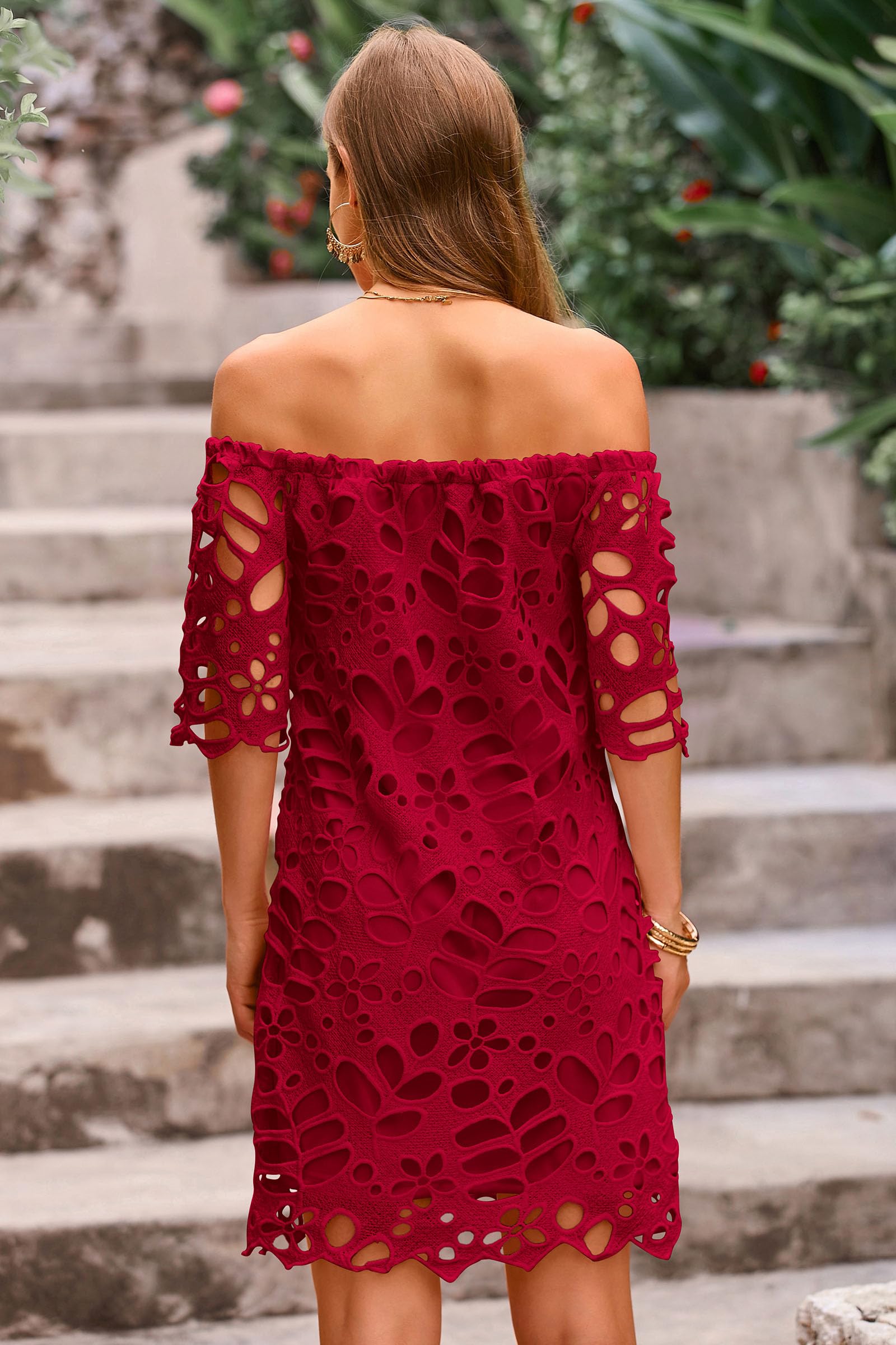 PRETTYGARDEN Women's Summer Off Shoulder Dresses Floral Lace Flare Short Sleeve Spring Vintage Elegant Mini Dress