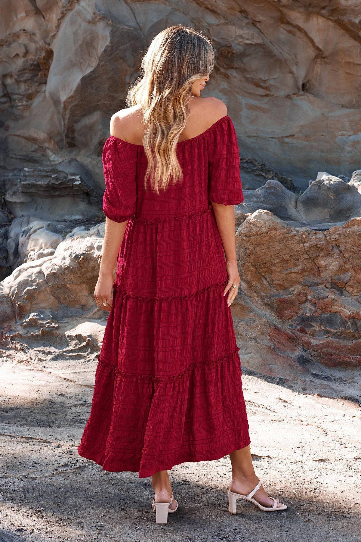 Casual Maxi Dresses Summer Short Sleeve Off The Shoulder Ruffle Tiered Flowy Boho Party Beach Long Dress