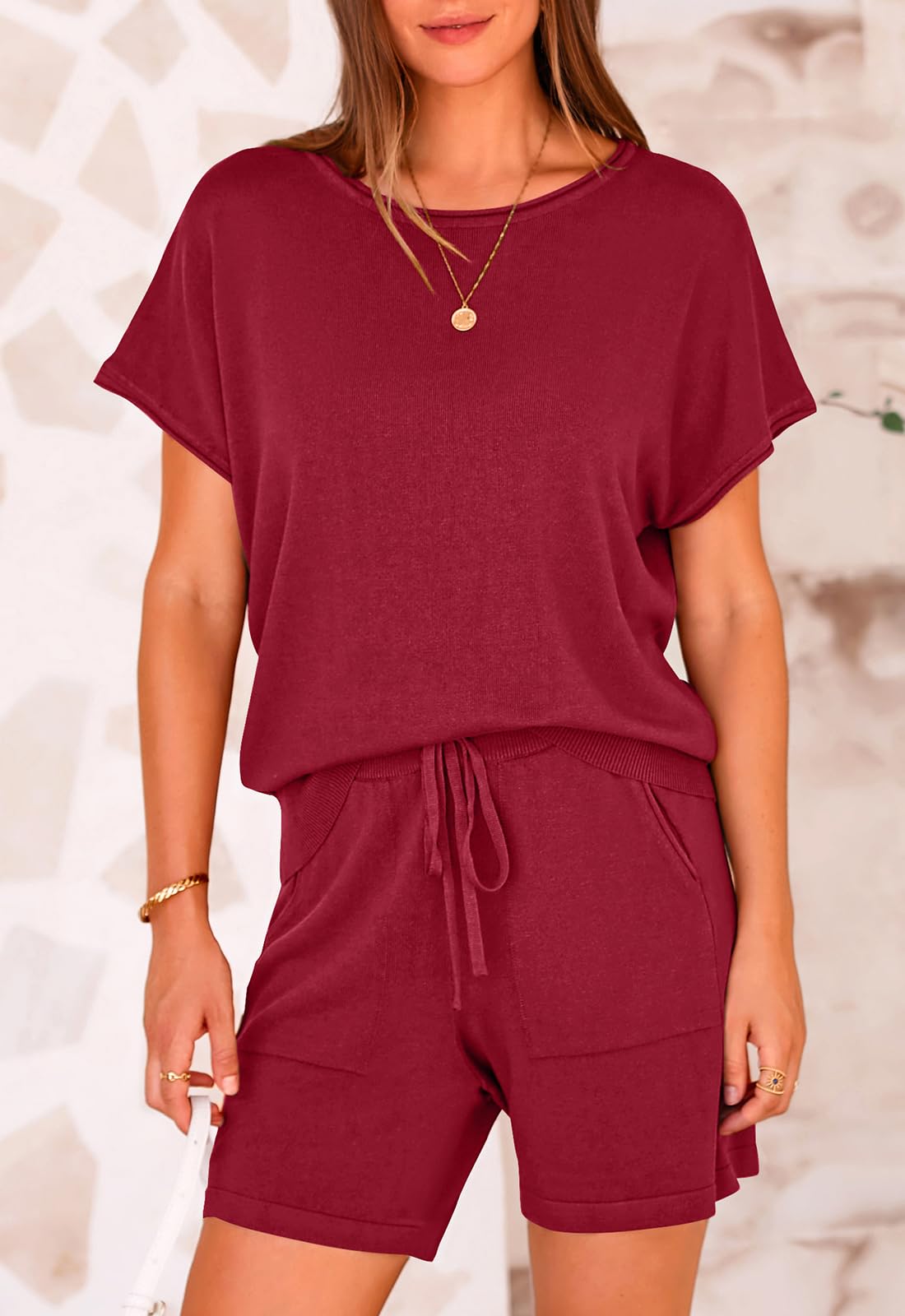 PRETTYGARDEN Two Piece Set for Women Summer Lounge Sets Shorts And Short Sleeve Tops Knitted Matching Travel Spring Outfits PRETTYGARDEN