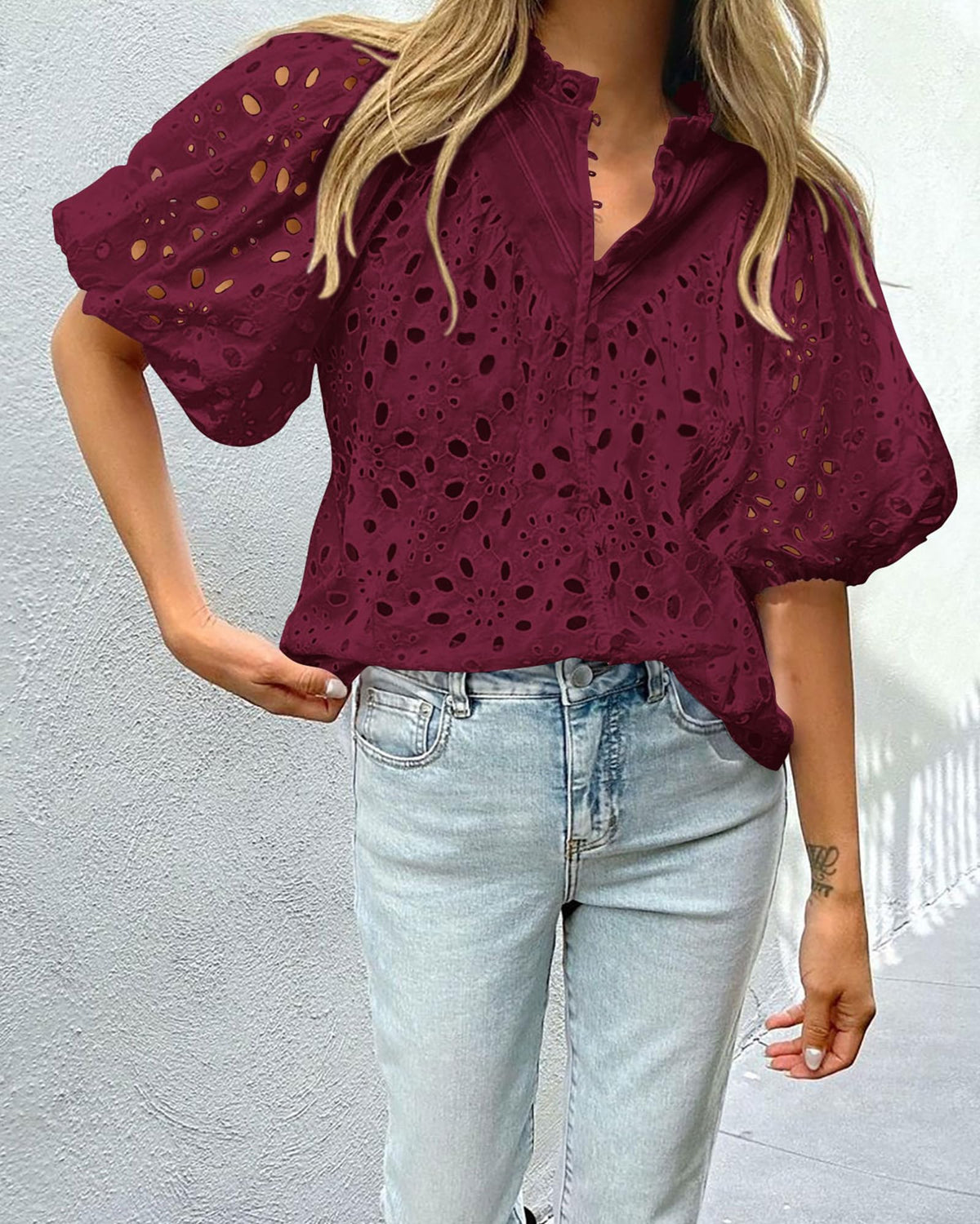 Hollow Out Lace Embroidered Blouse