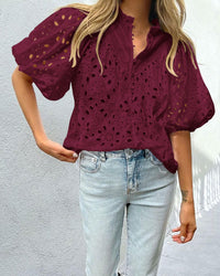 Casual Short Lantern Sleeve V Neck Buttons Hollow Out Lace Embroidered Blouses