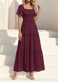 PRETTYGARDEN Summer Dresses for Women Boho Swiss Dot Smocked Square Neck Short Sleeve Spring Wedding Guest Maxi Dress PRETTYGARDEN