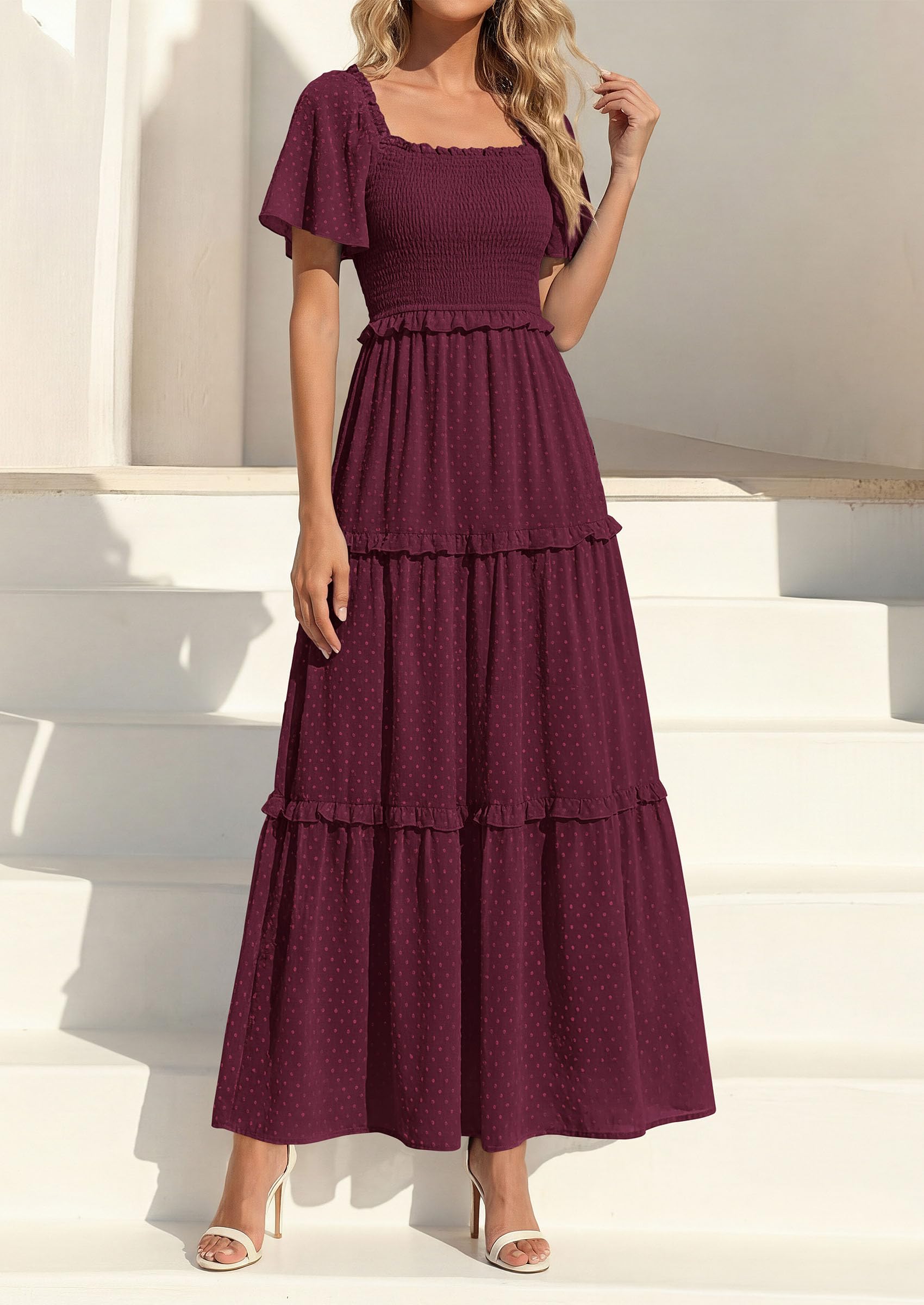 PRETTYGARDEN Summer Dresses for Women Boho Swiss Dot Smocked Square Neck Short Sleeve Spring Wedding Guest Maxi Dress PRETTYGARDEN