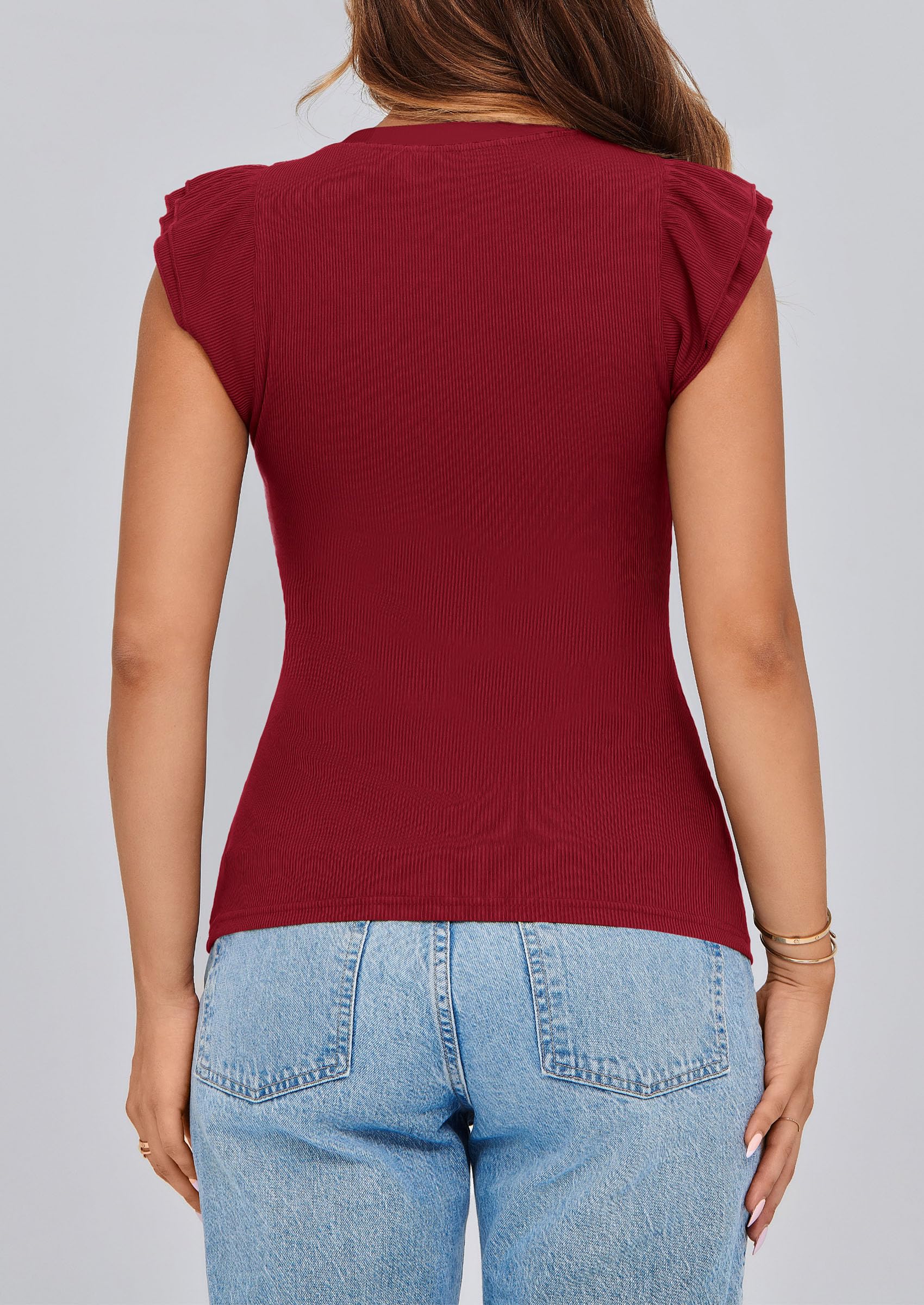 PRETTYGARDEN Womens V Neck Summer Tops Ruffle Sleeveless Slim Fit T Shirts Going Out Casual Blouses